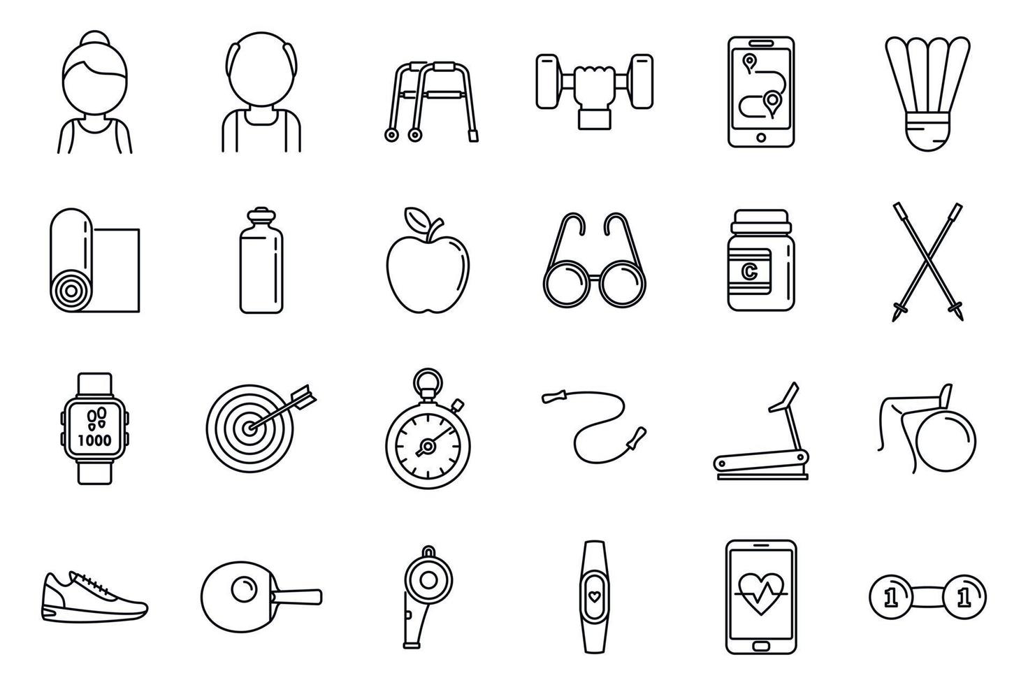 Workout seniors activity icons set, outline style vector