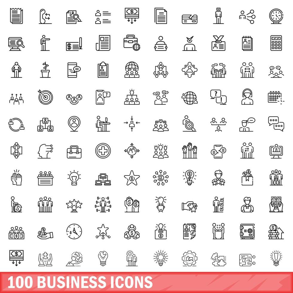 100 business icons set, outline style vector