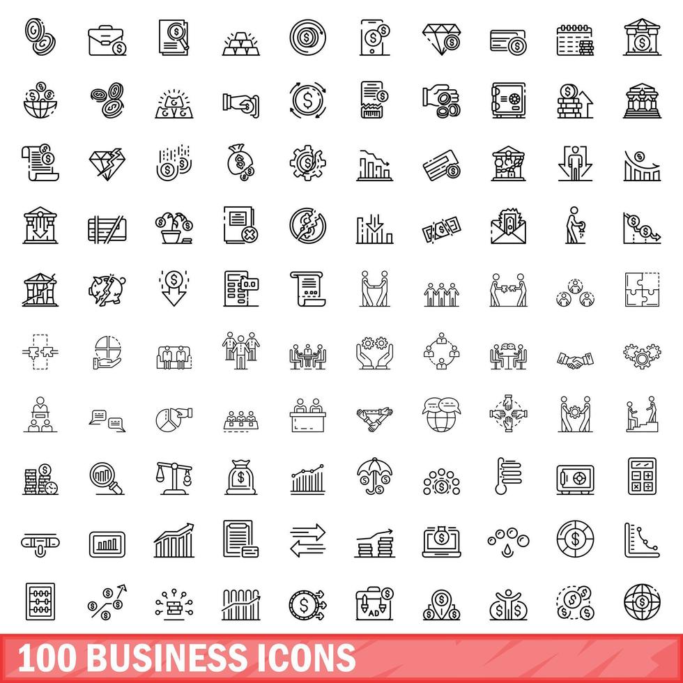 100 business icons set, outline style vector
