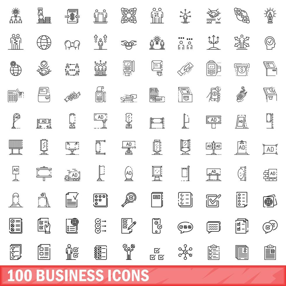 100 business icons set, outline style vector