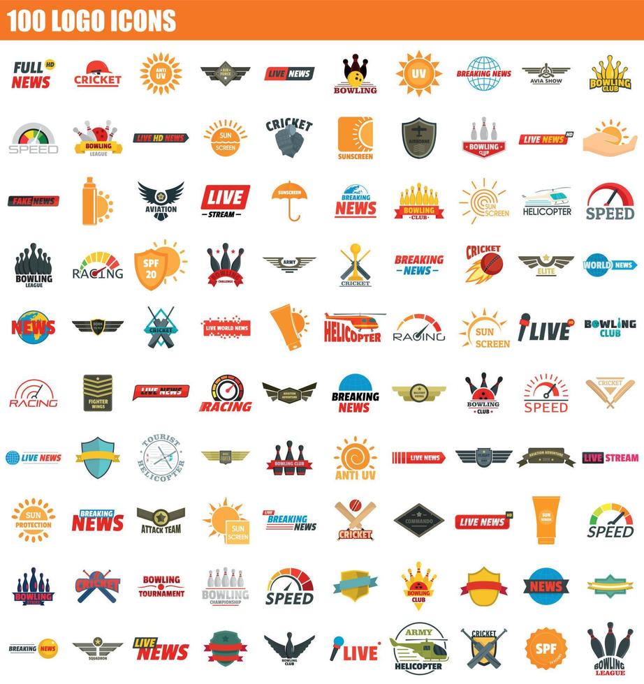 100 conjunto de iconos de logotipo, estilo plano vector