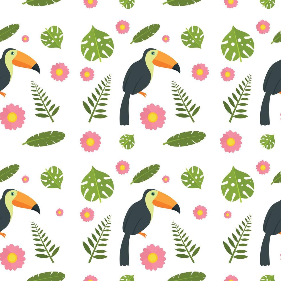 Toucan parrot bird seamless pattern, flat style vector
