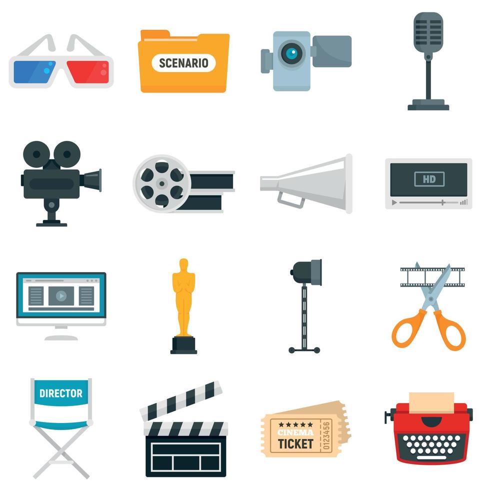 conjunto de iconos de producción cinematográfica, estilo plano vector