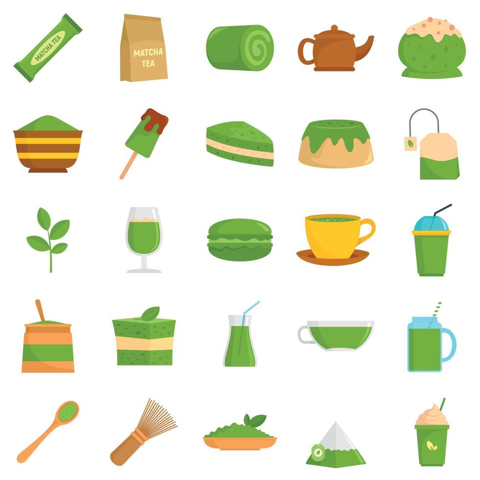 conjunto de iconos de té matcha, estilo plano vector