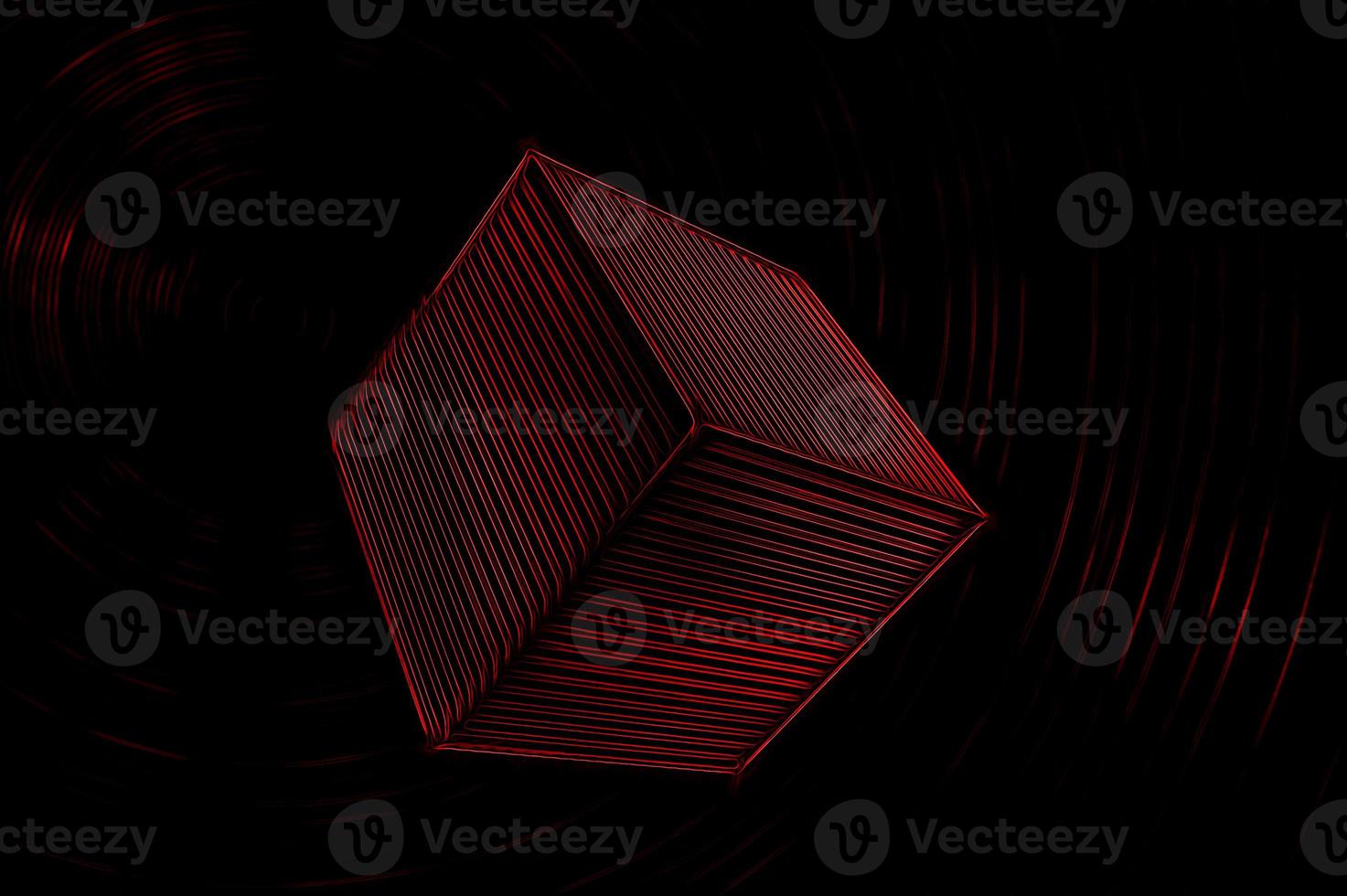 Bright red 3D cube with stripes on a black background with barely visible red rings photo