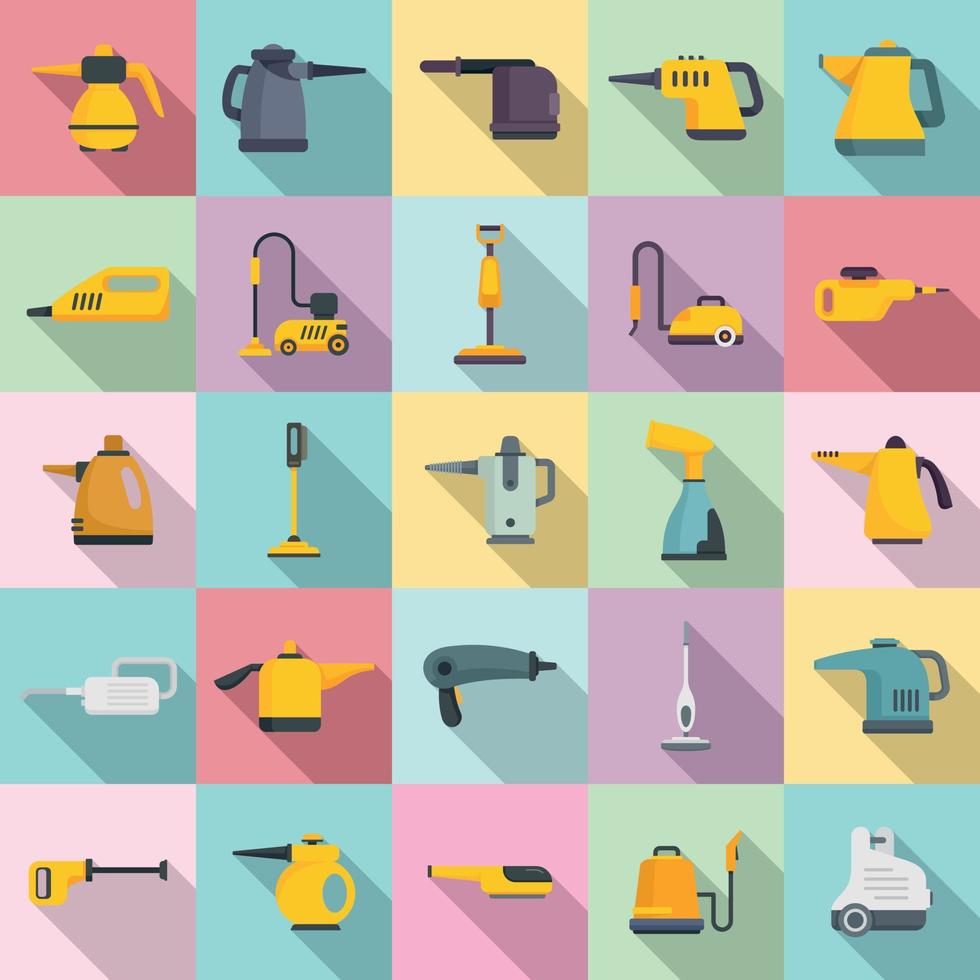 Steam cleaner icons set, flat style vector