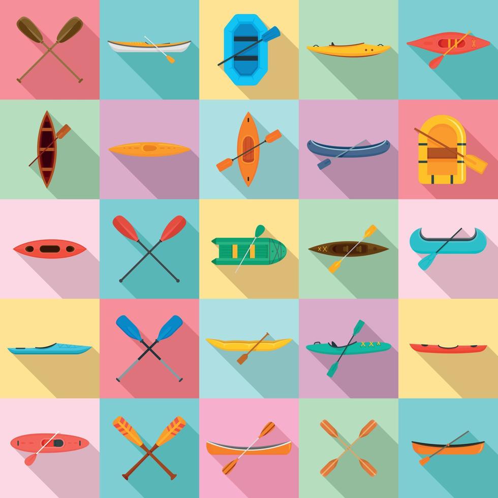 Canoeing icons set, flat style vector