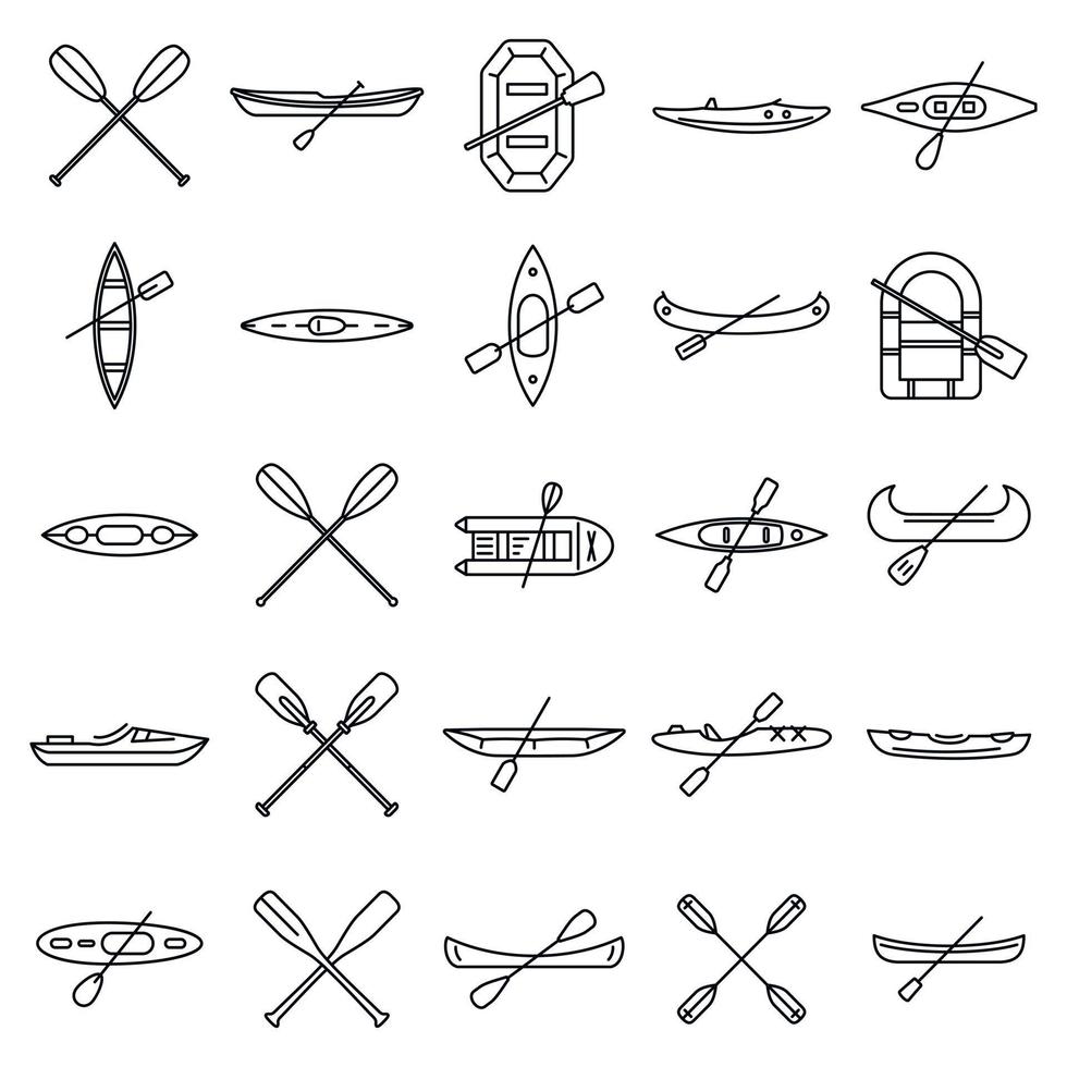 Extreme canoeing icons set, outline style vector