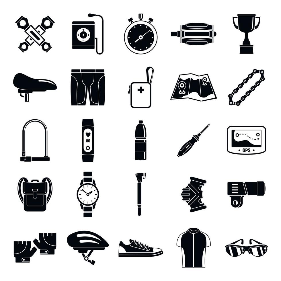 Modern cycling equipment icons set, simple style vector