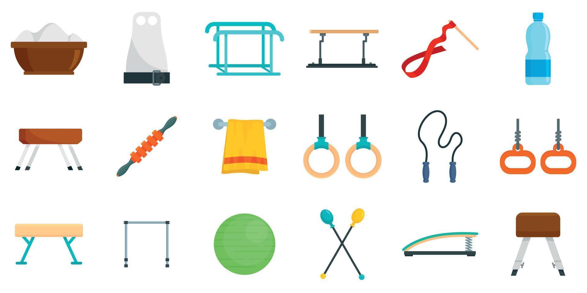 Gymnastics equipment icons set, flat style vector