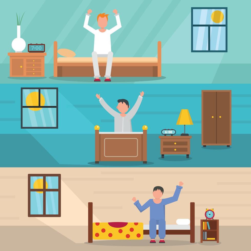 Wake up happy banner horizontal set, flat style vector