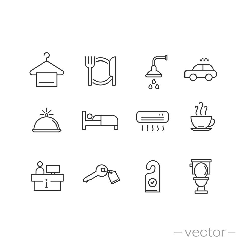Hotel icons set. Simple outline style. Thin line vector illustration isolated on white background. EPS 10.