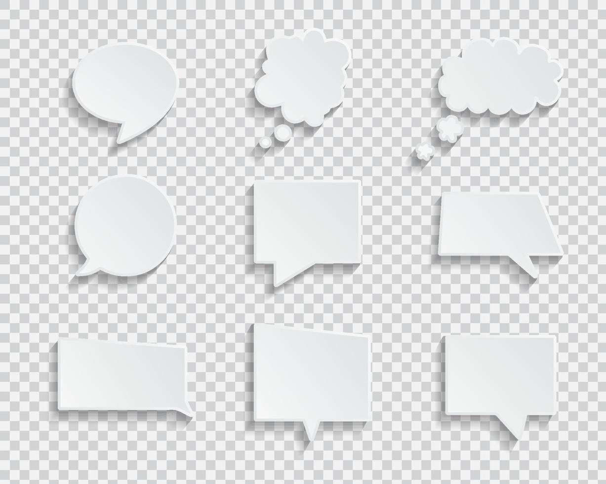 White blank speech bubbles isolated vector set. Infographic design thought bubble on the transparent background. Eps 10 vector file.