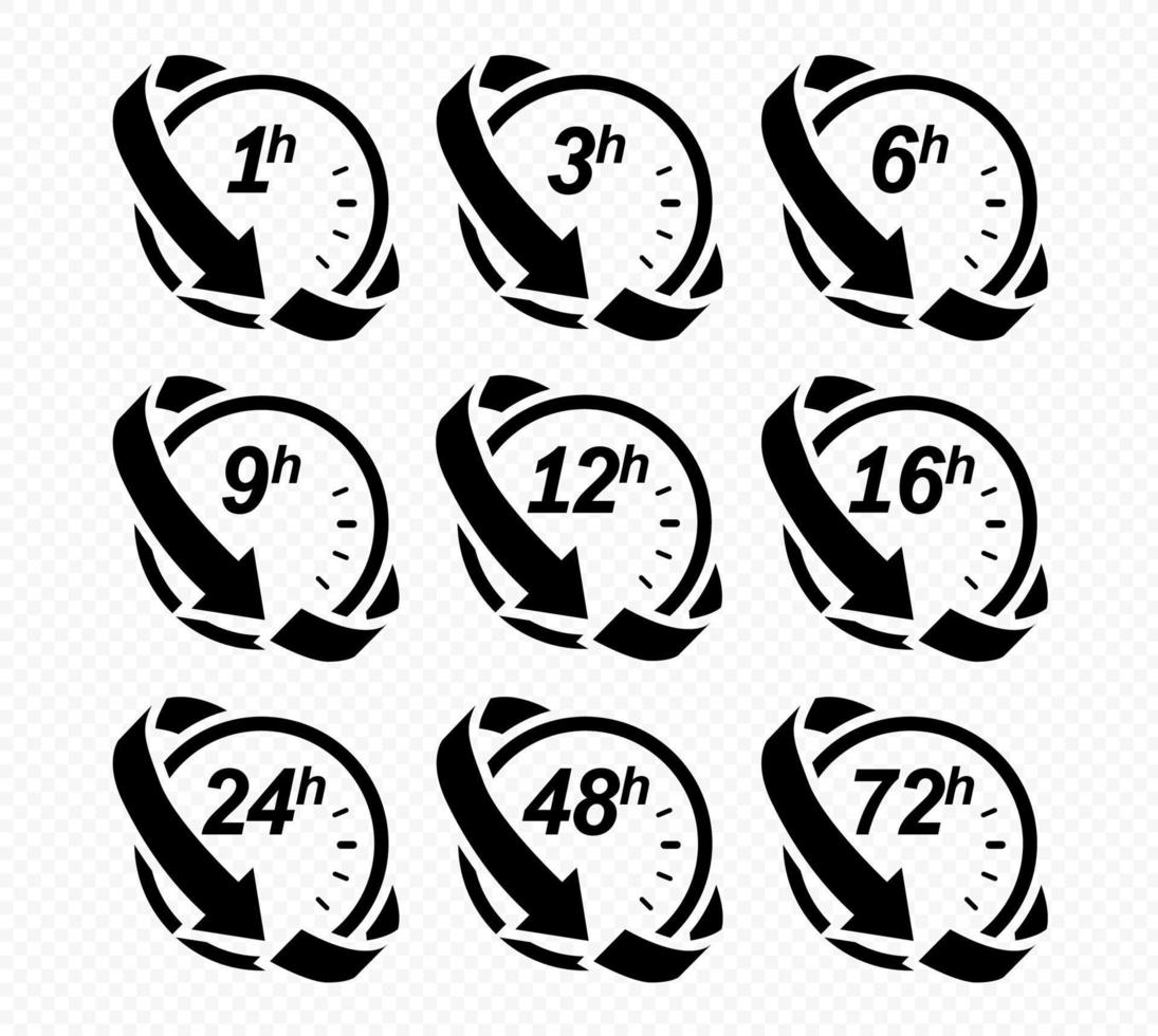 Clock arrow 1, 3, 6, 9, 12, 16, 24, 48, 72 hours. Set of delivery service time icons. EPS 10. vector