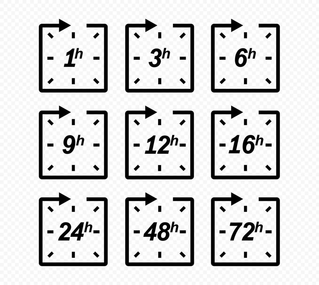 Clock arrow 1, 3, 6, 9, 12, 16, 24, 48, 72 hours. Set of delivery service time icons. EPS 10. vector