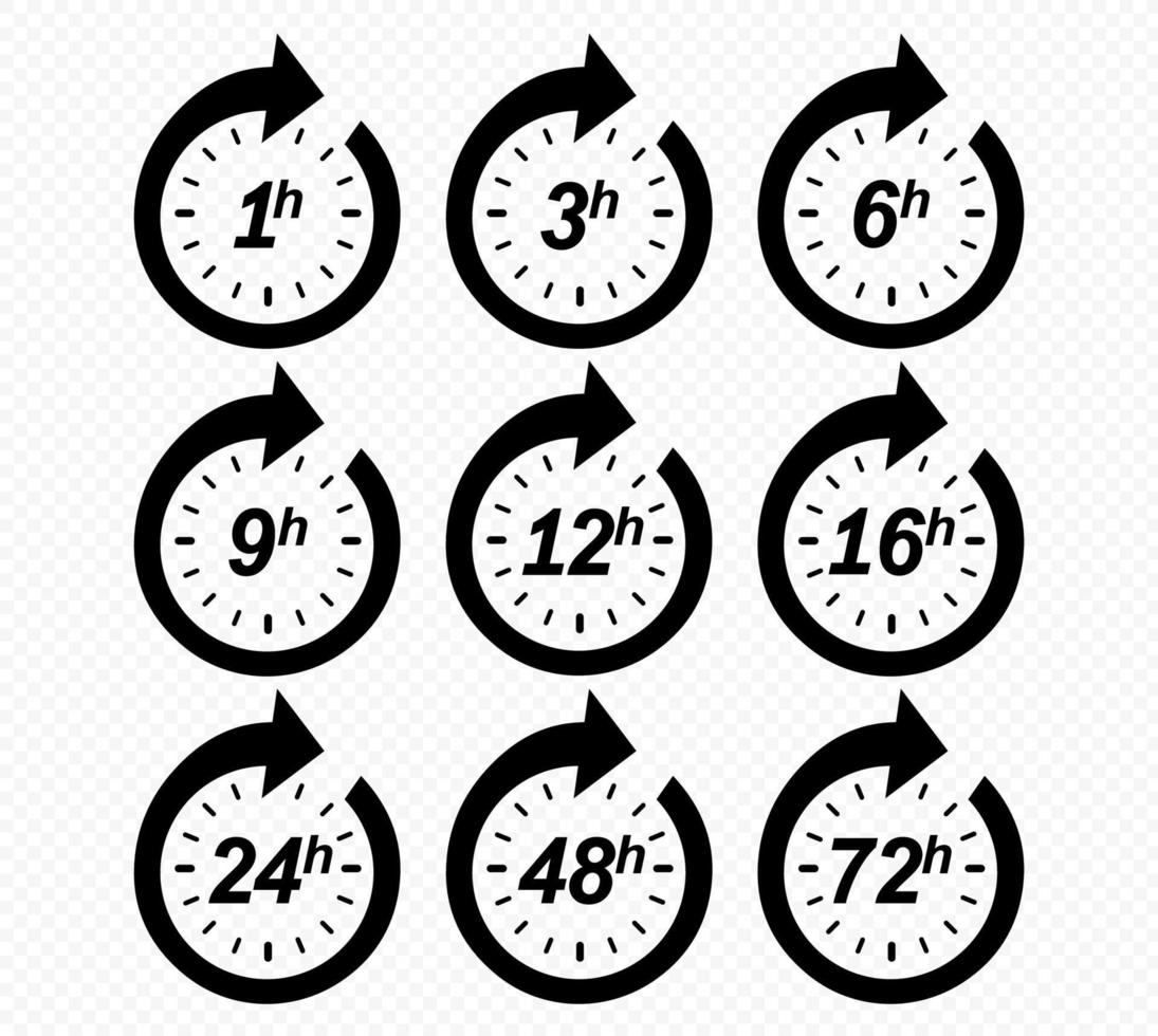 Clock arrow 1, 3, 6, 9, 12, 16, 24, 48, 72 hours. Set of delivery service time icons. EPS 10. vector