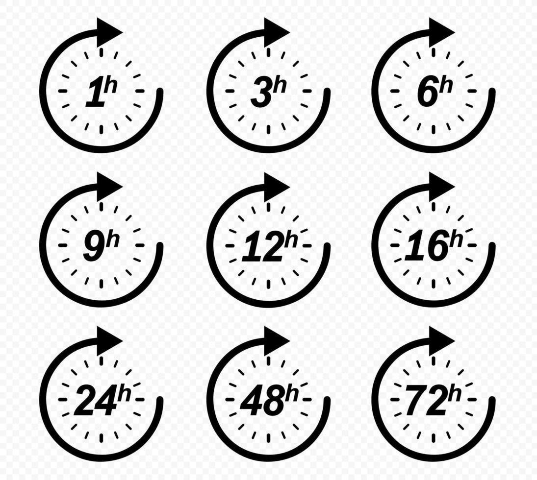 Clock arrow 1, 3, 6, 9, 12, 16, 24, 48, 72 hours. Set of delivery service time icons. EPS 10. vector