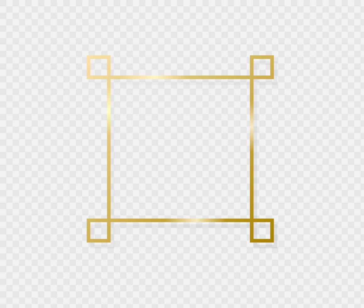 Golden border frame with light shadow and light affects. Gold decoration in minimal style. Graphic metal foil element in geometric thin line rectangle shape. Vector EPS 10.