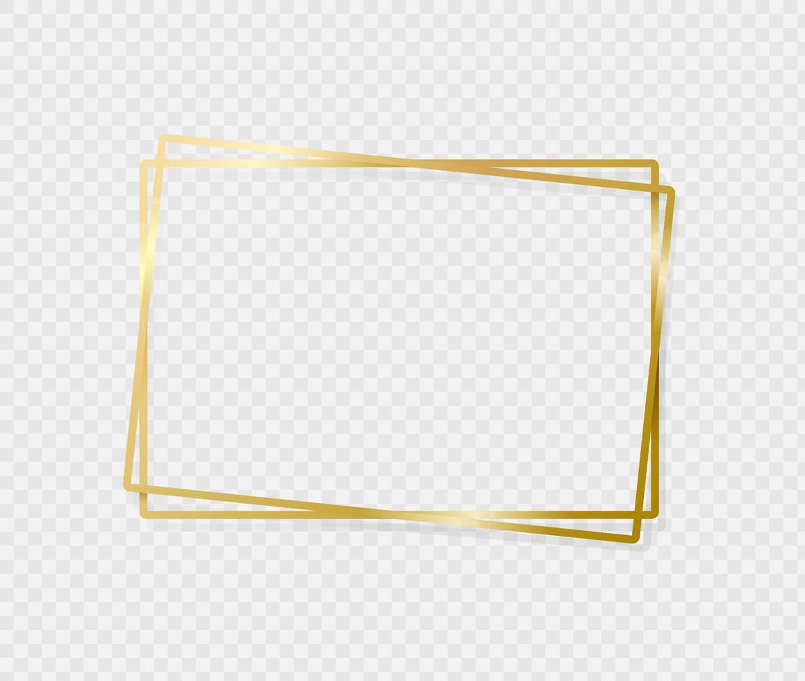 Golden border frame with light shadow and light affects. Gold decoration in minimal style. Graphic metal foil element in geometric thin line rectangle shape. Vector EPS 10.