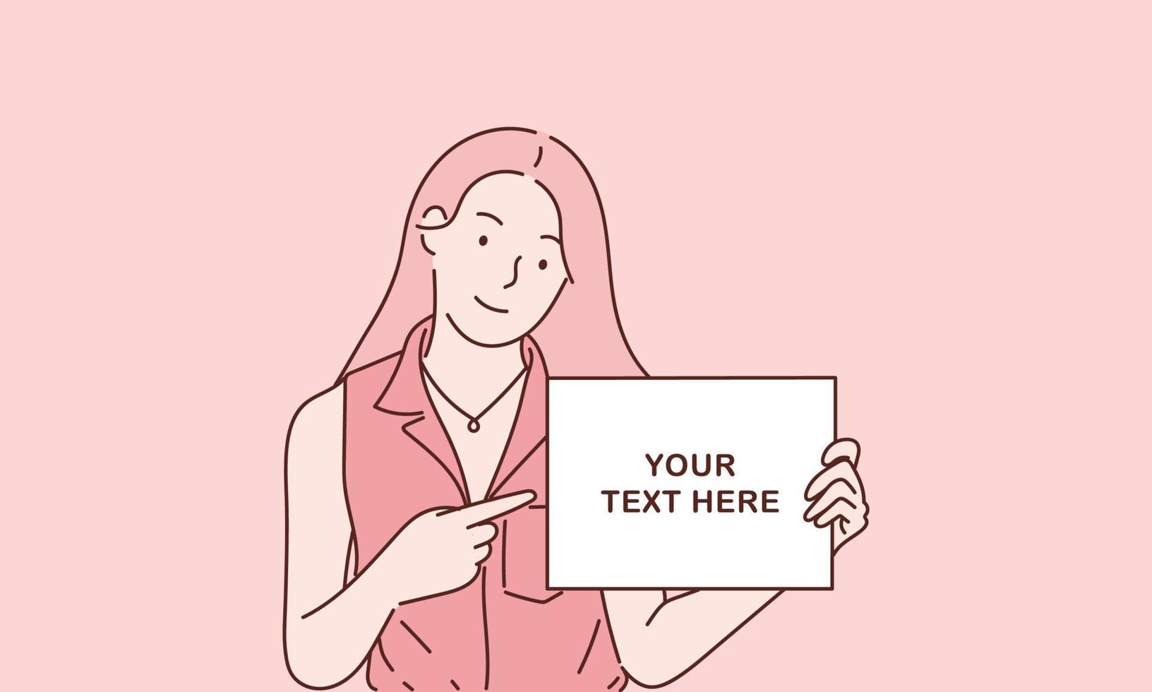 Happy young girl holding showing displaying white blank board banner poster. Hand drawn style vector design illustrations. EPS 10.