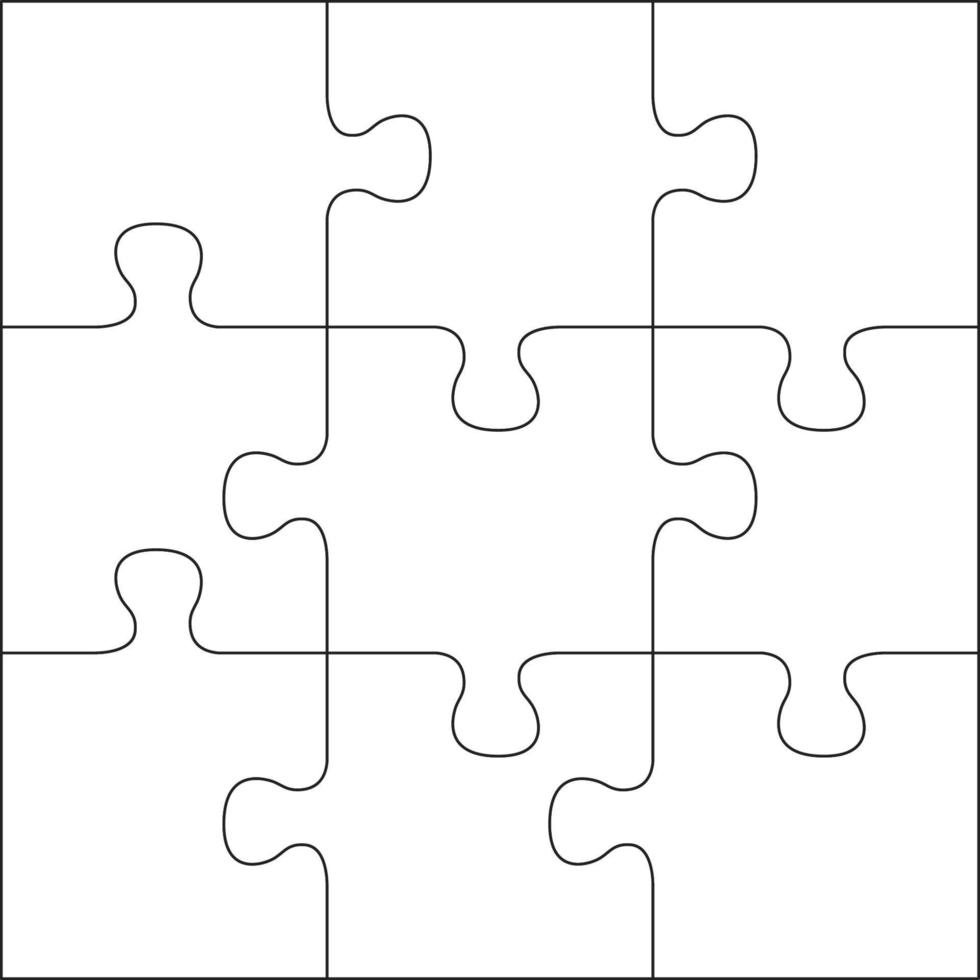 Puzzles grid template. Jigsaw puzzle 9 pieces, thinking game and 3x3 jigsaws detail frame design. Business assemble metaphor or puzzles game challenge vector illustration EPS 10.
