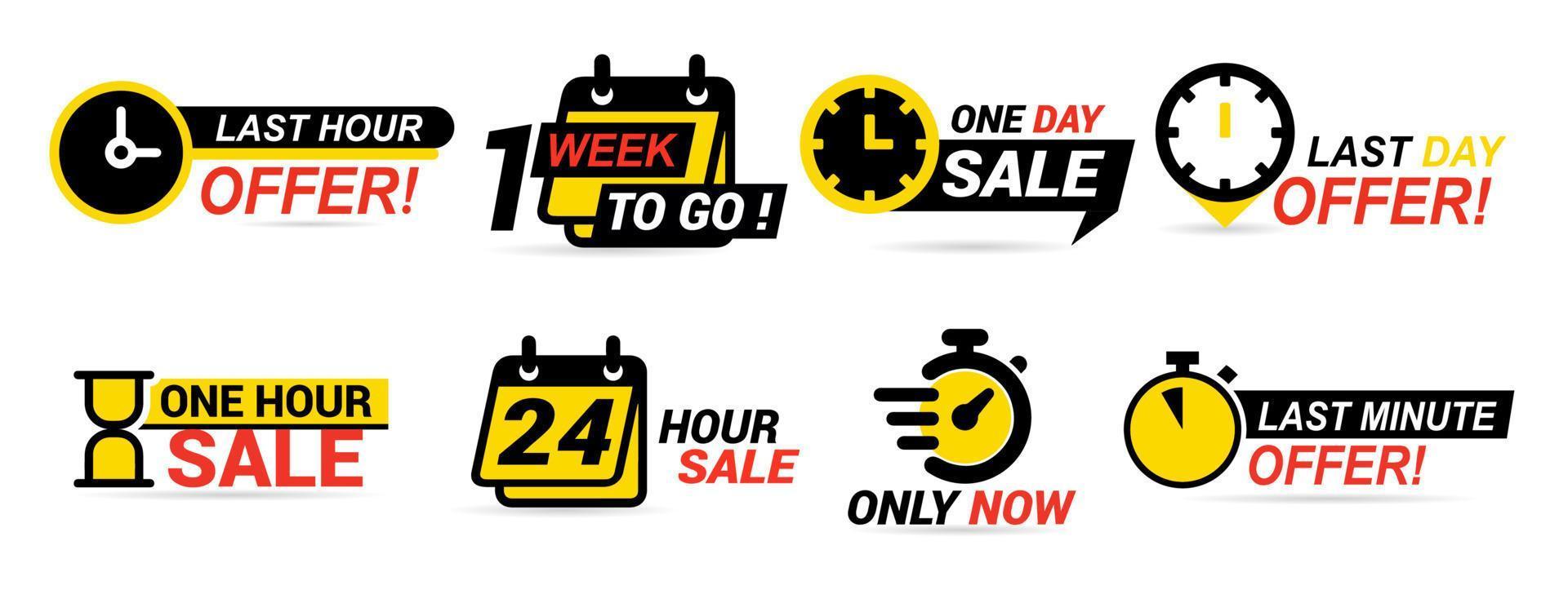 Sale countdown badges. Last minute offer banner, one day sales and 24 hour sale promo stickers. business limited special promotions, best deal badge. Isolated vector icons set. EPS 10.