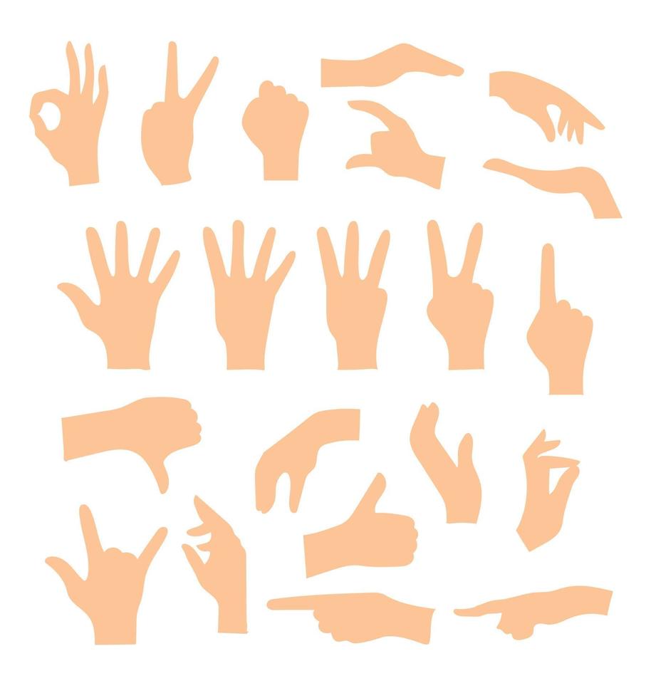 juego de manos que muestran diferentes gestos aislados en un fondo blanco. ilustración vectorial plana de manos femeninas y masculinas. ilustración de vector plano aislado. eps 10.