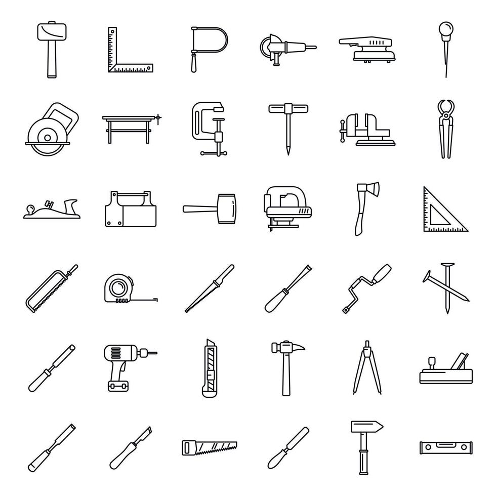 conjunto de iconos de herramientas de carpintero de trabajo, estilo de contorno vector