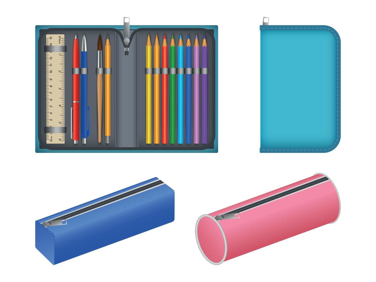 Pencil case icons set, realistic style vector