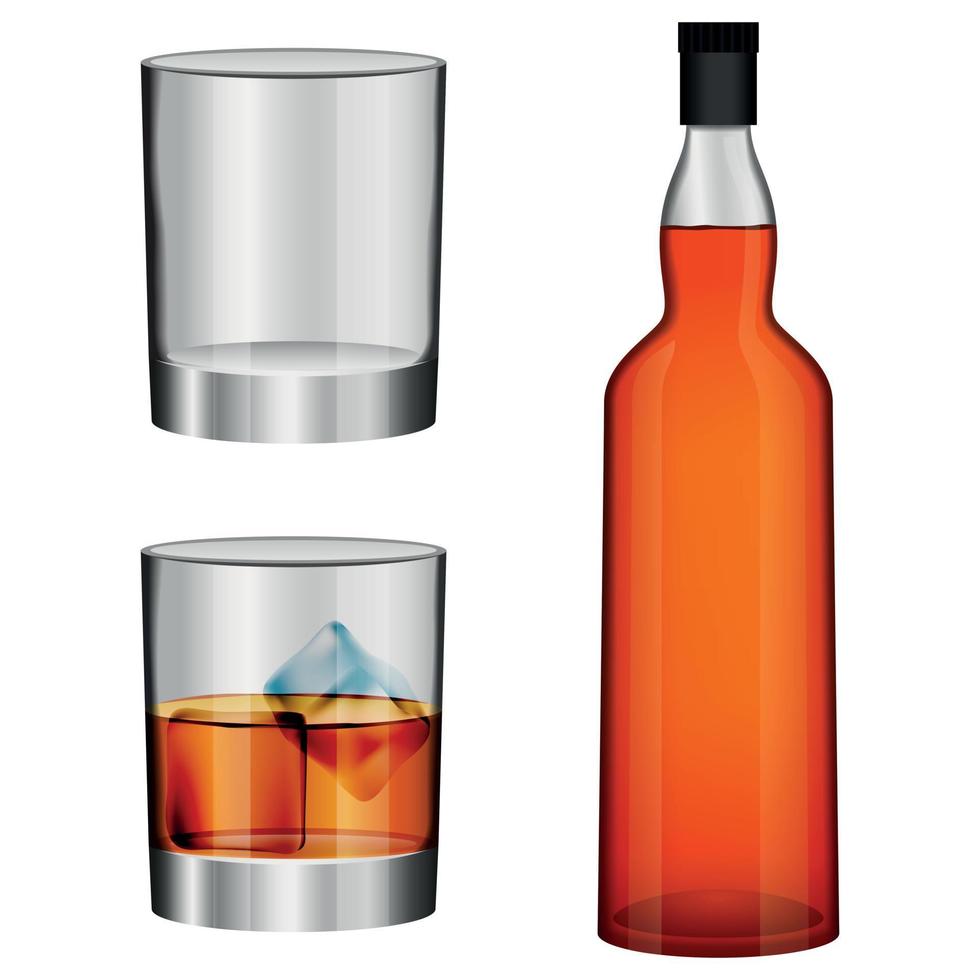 Whisky bottle glass mockup set, realistic style vector