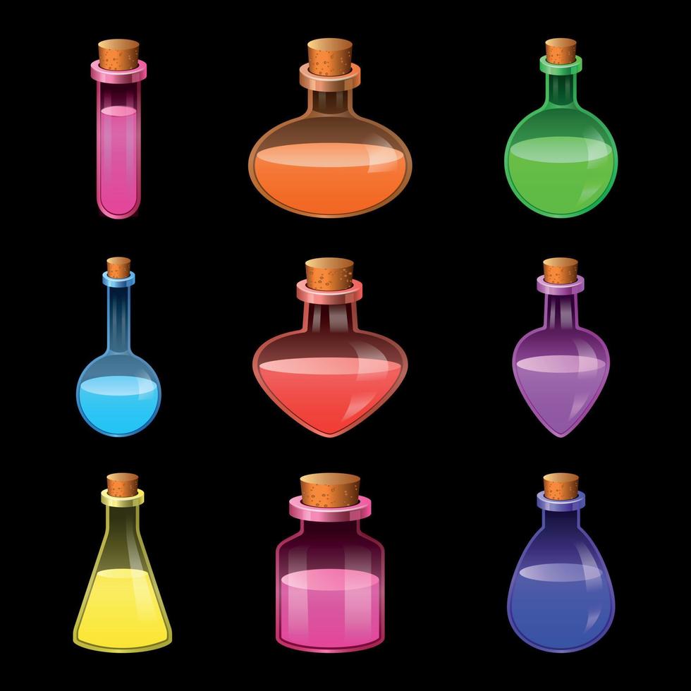 Potion magic bottle icons set, realistic style vector