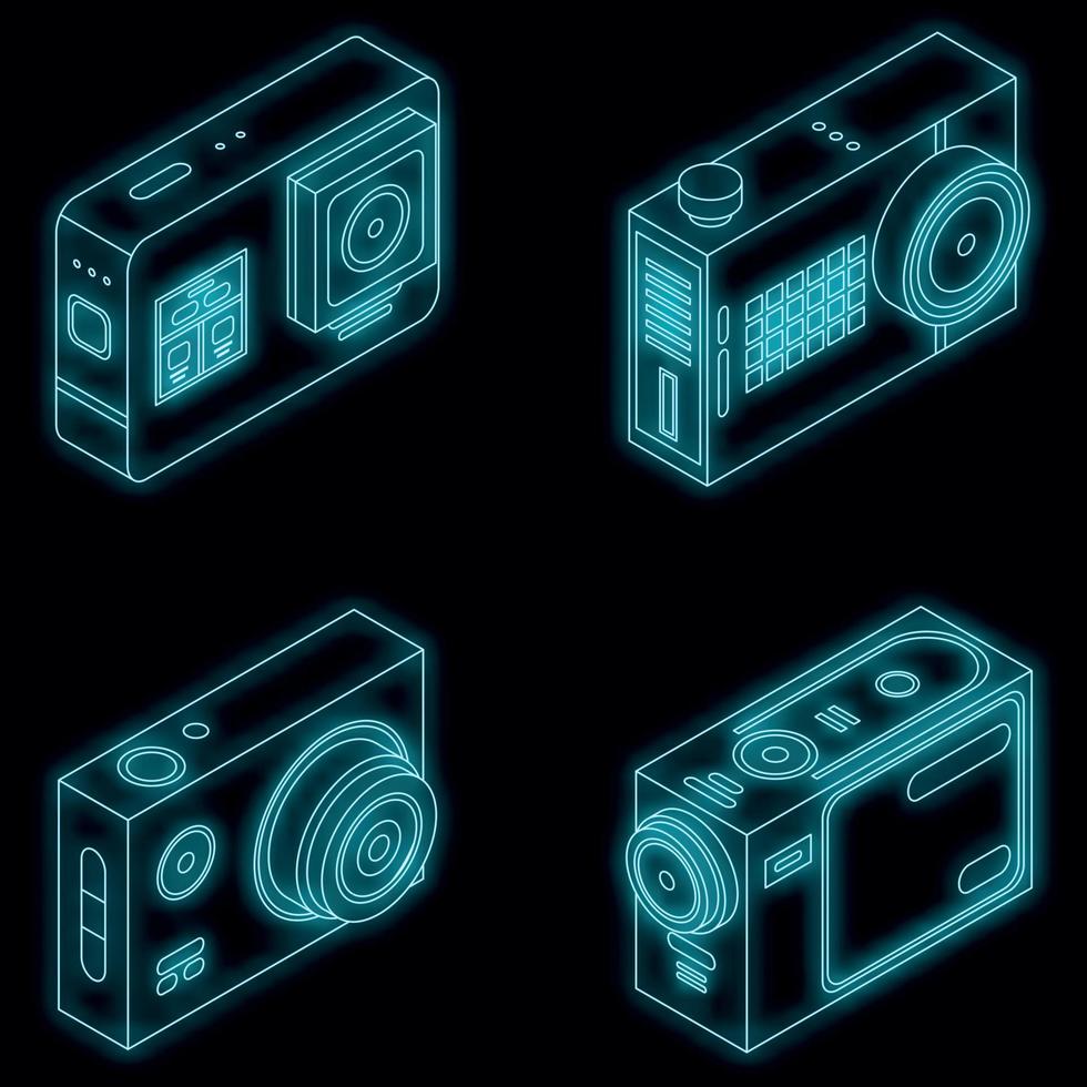 Action camera icons set vector neon