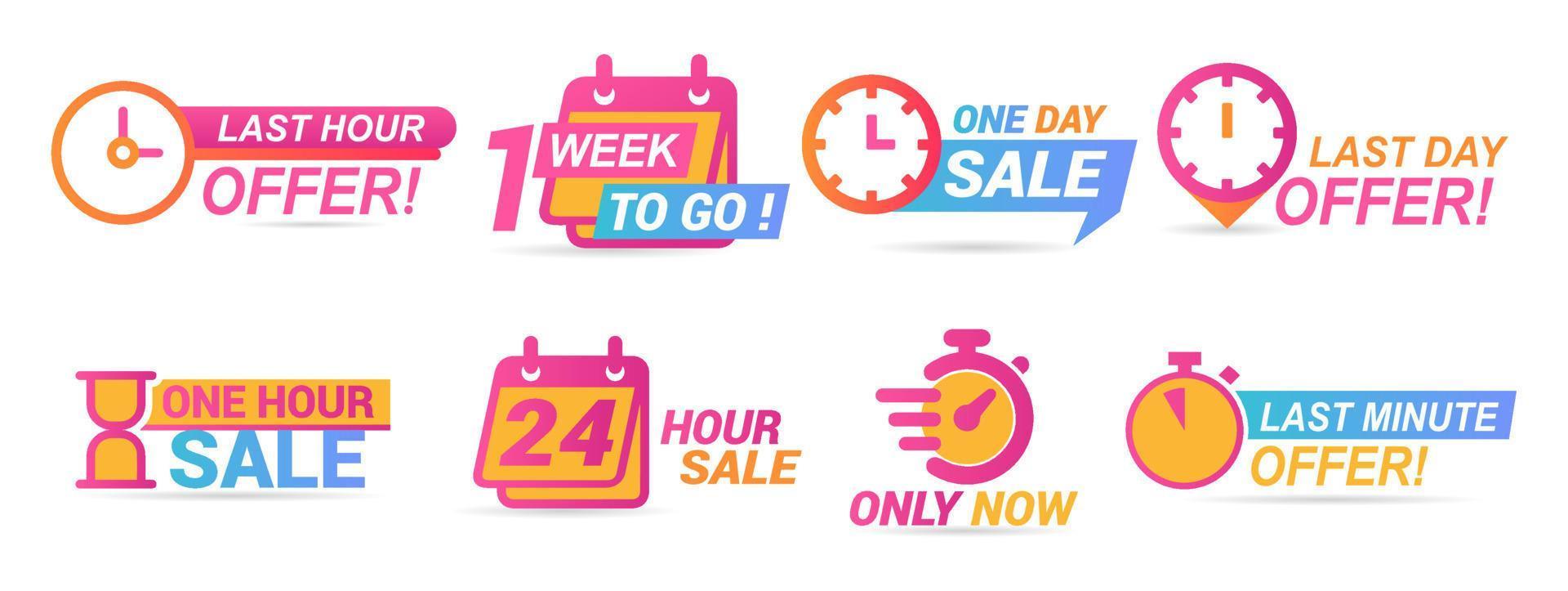 Sale countdown badges. Last minute offer banner, one day sales and 24 hour sale promo stickers. business limited special promotions, best deal badge. Isolated vector icons set. EPS 10.