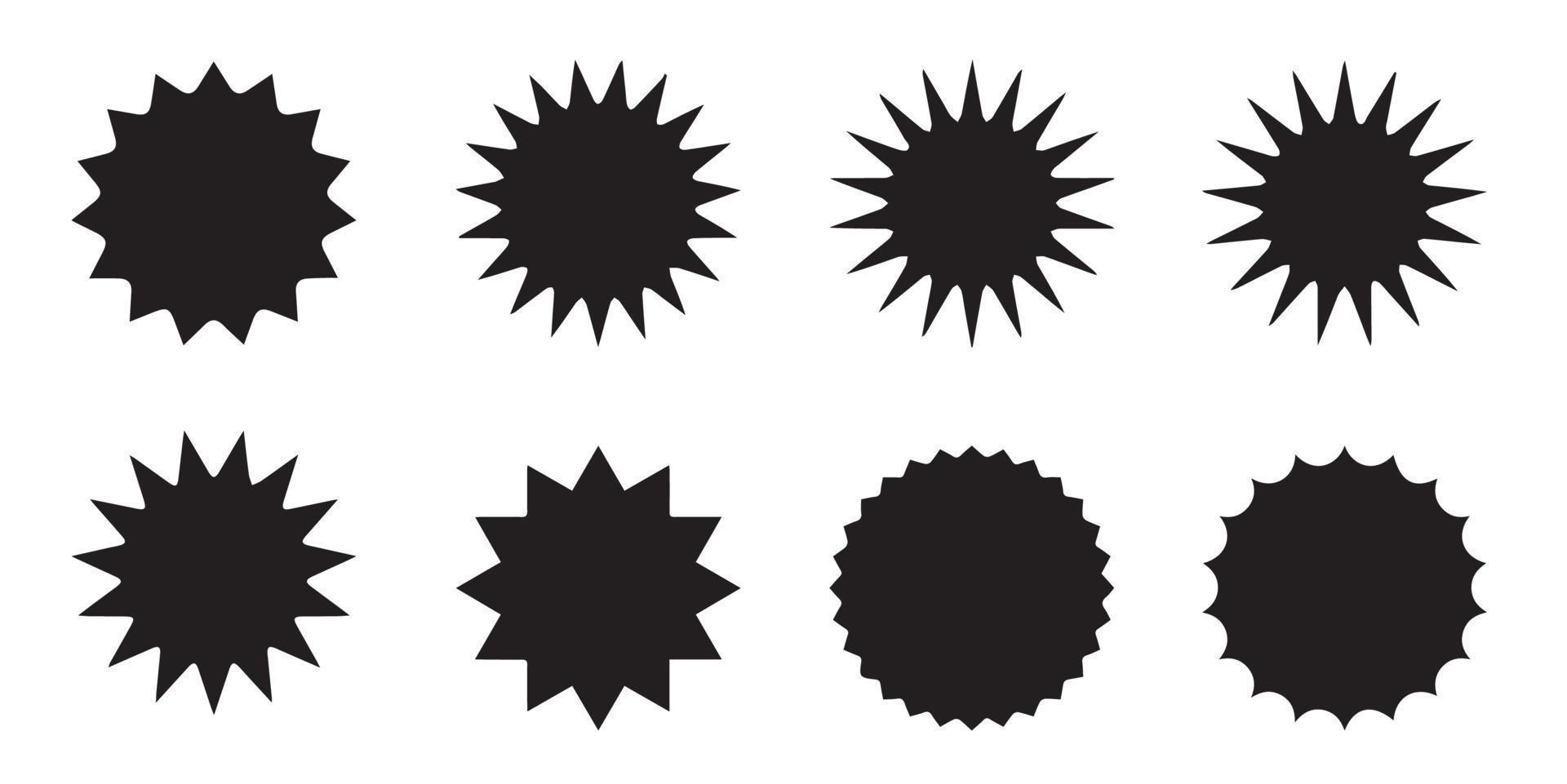 Set of vector starburst, sunburst badges. Black icons on white background. Simple flat style vintage labels, stickers. EPS 10.