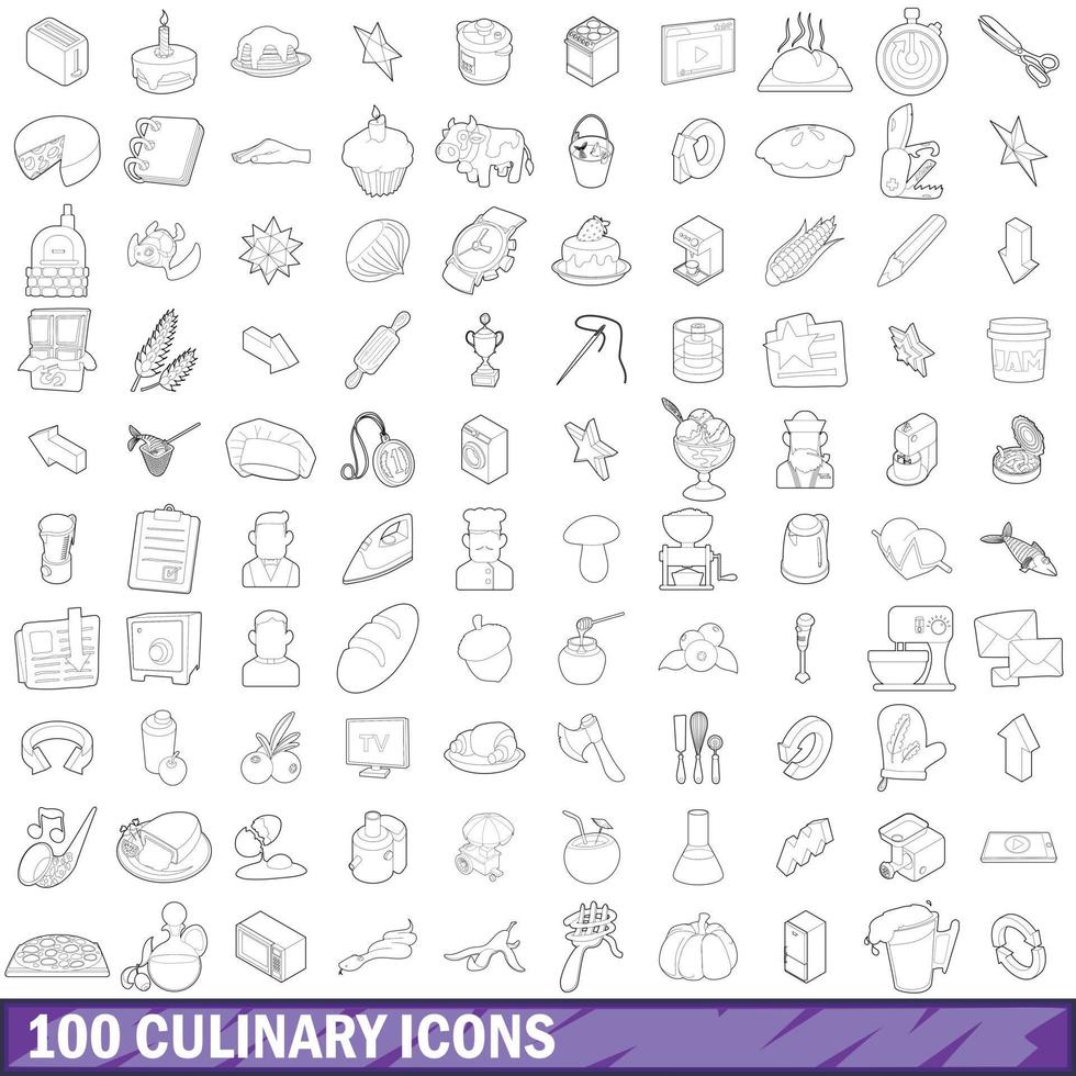 100 culinary icons set, outline style vector