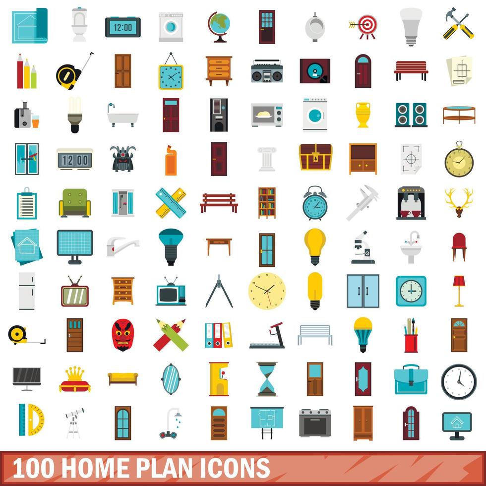100 conjunto de iconos de plan de hogar, estilo plano vector