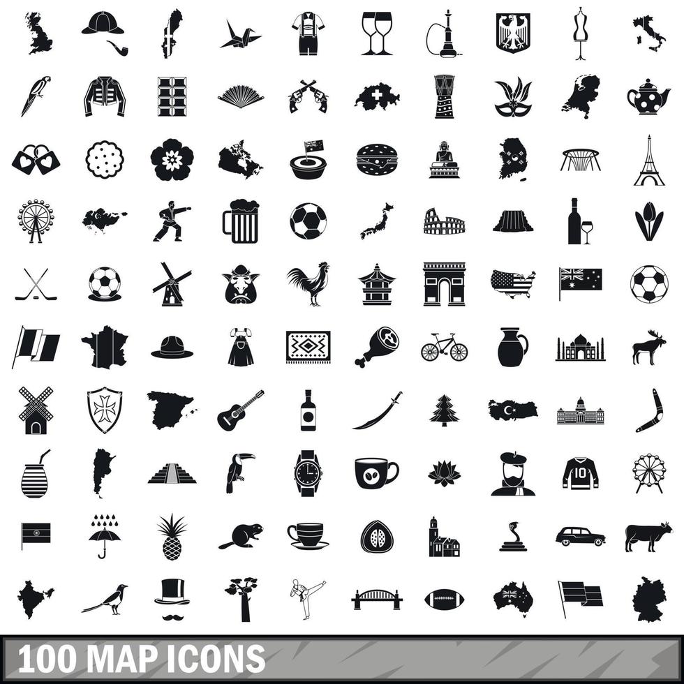 100 map icons set, simple style vector