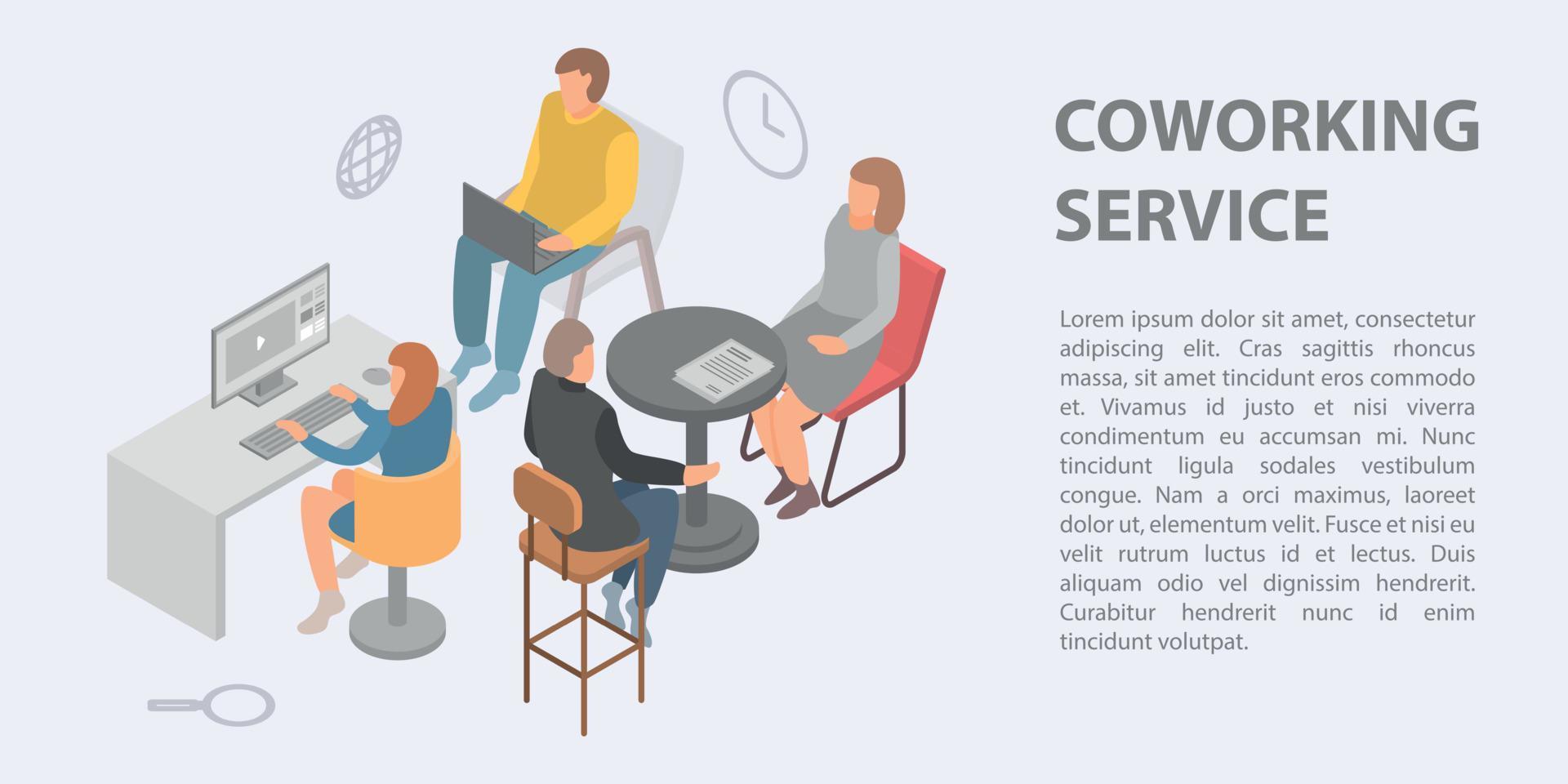 Coworking service concept banner, isometric style vector