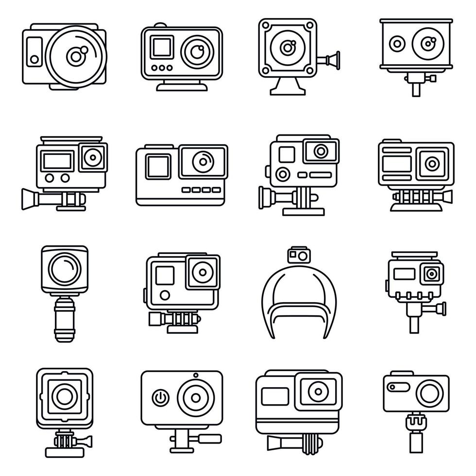 Digital action camera icons set, outline style vector