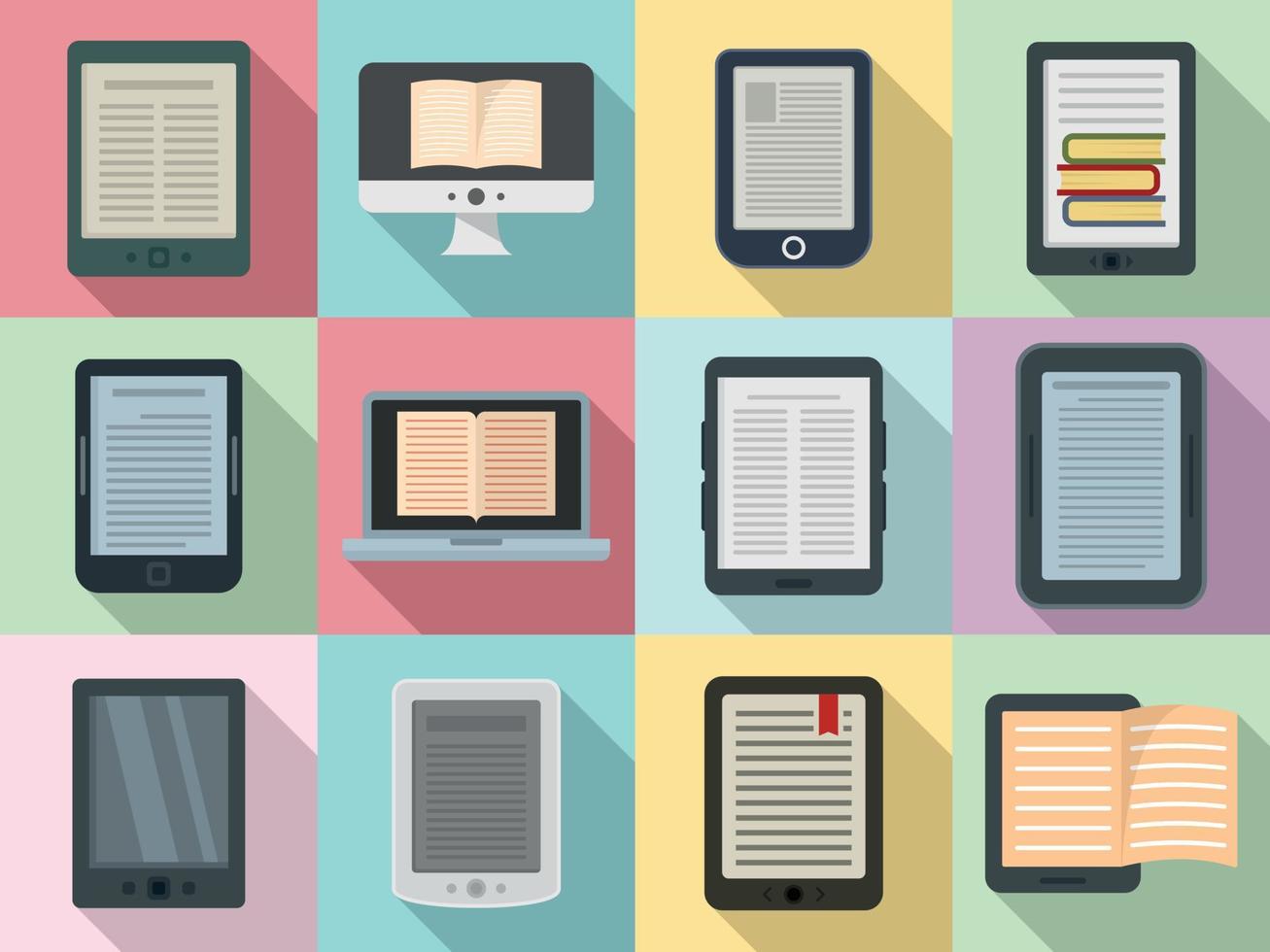 Ebook icons set, flat style vector