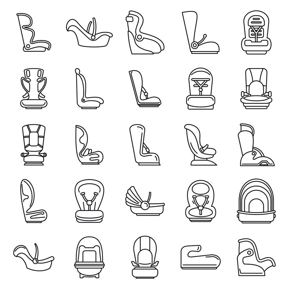 Modern baby car seat icons set, outline style vector