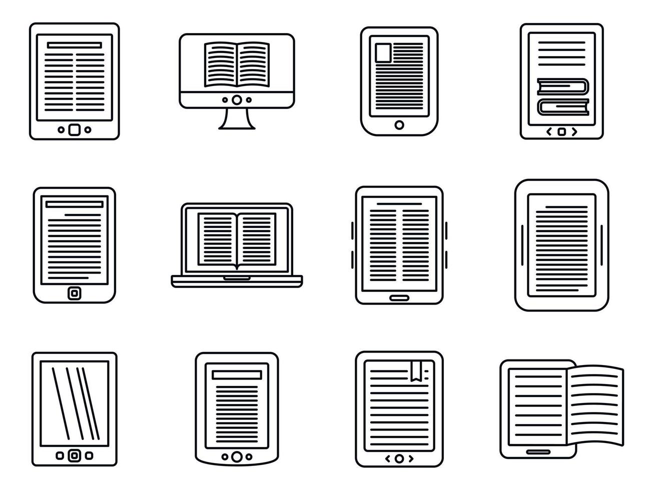 Ebook reader icons set, outline style vector