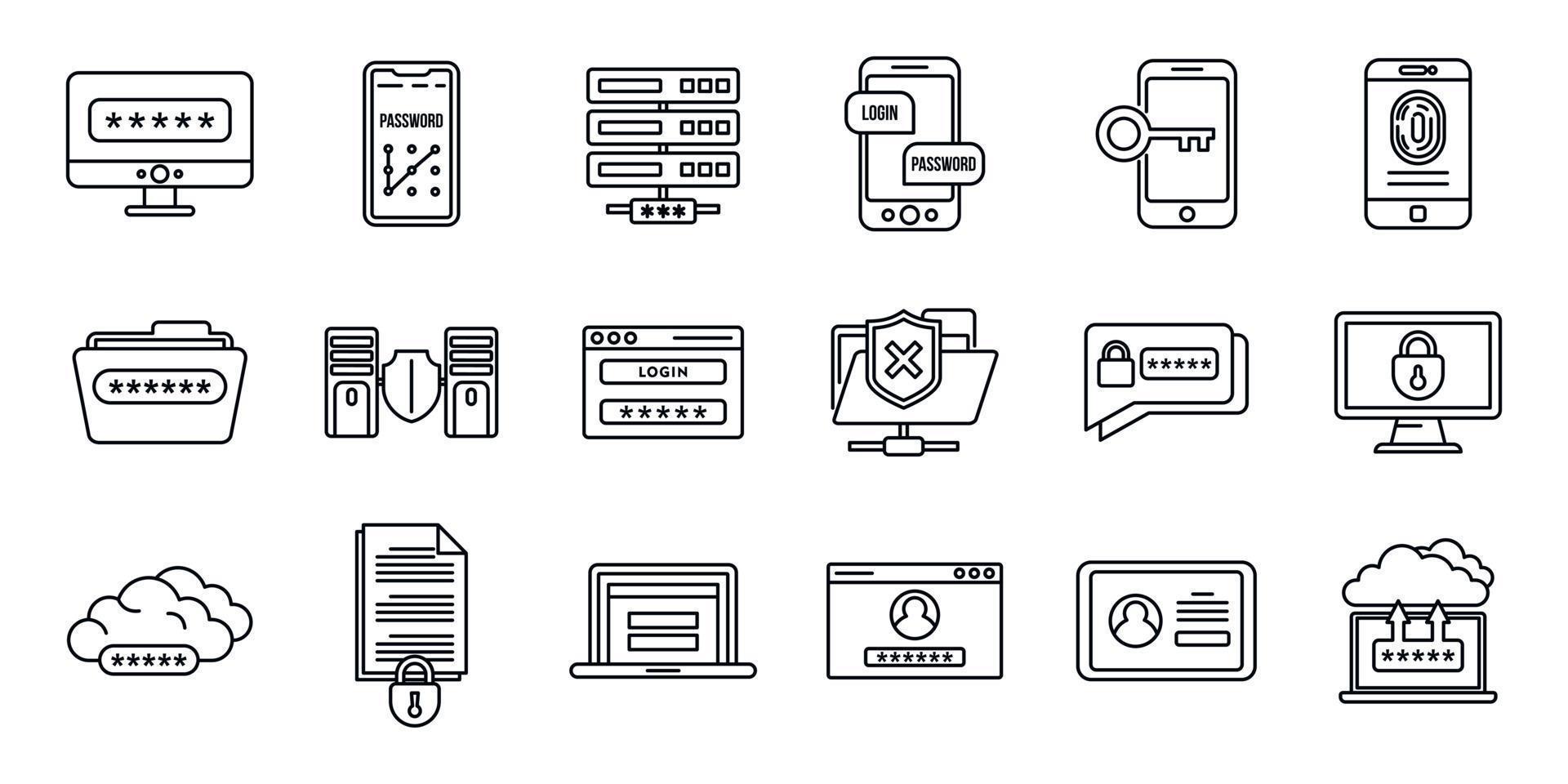 Online multi-factor authentication icons set, outline style vector