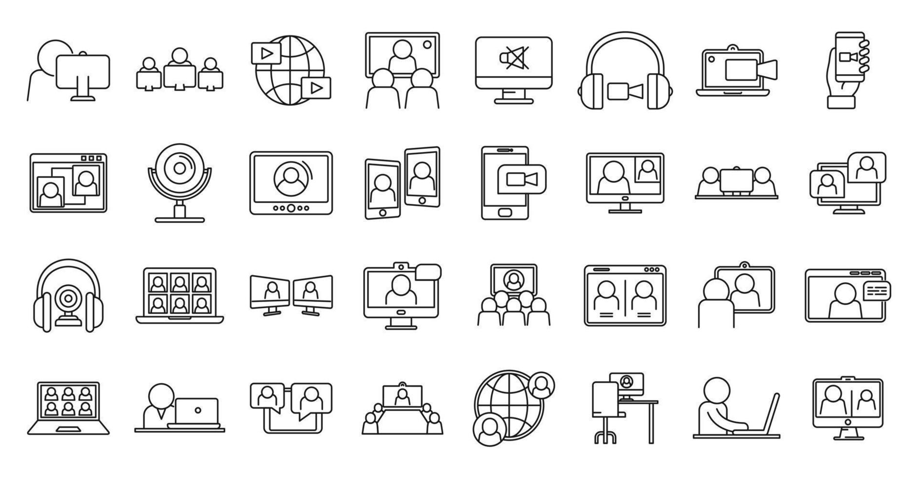 conjunto de iconos de reunión en línea en vivo, estilo de esquema vector