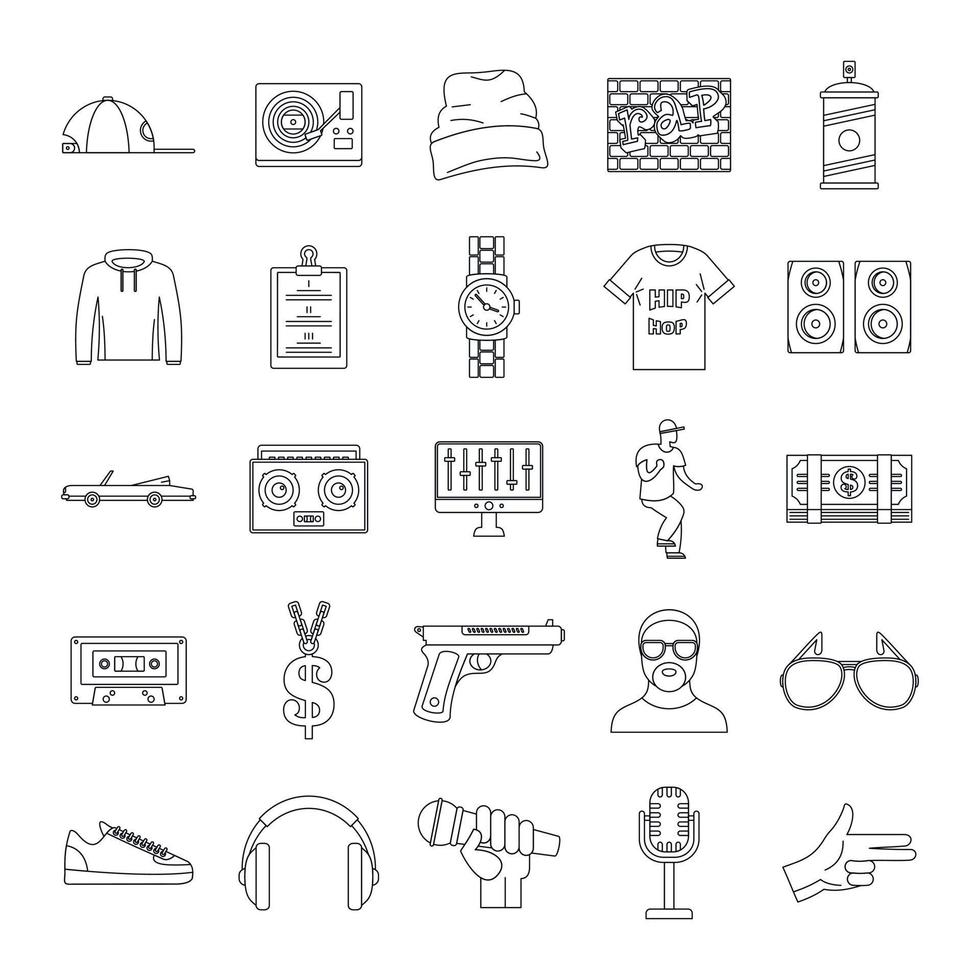 Hiphop rap swag music dance icons set, outline style vector