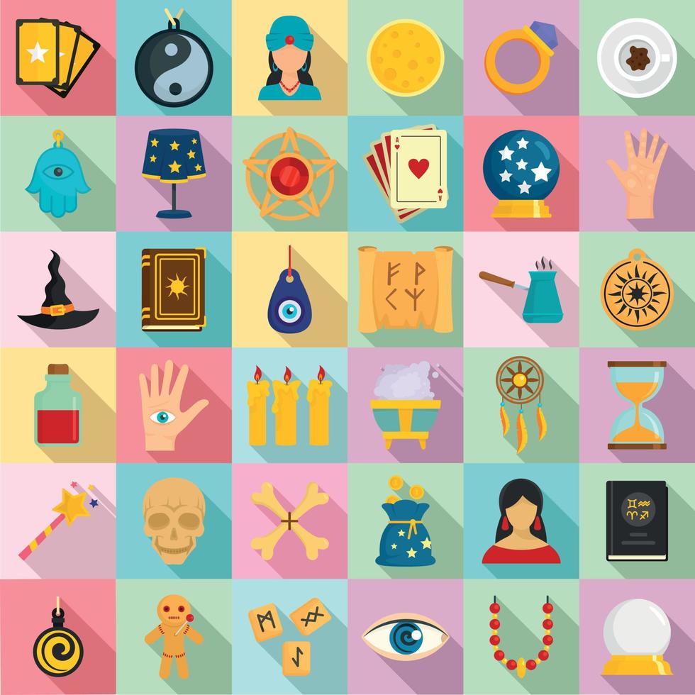 Magic fortune teller icons set, flat style vector