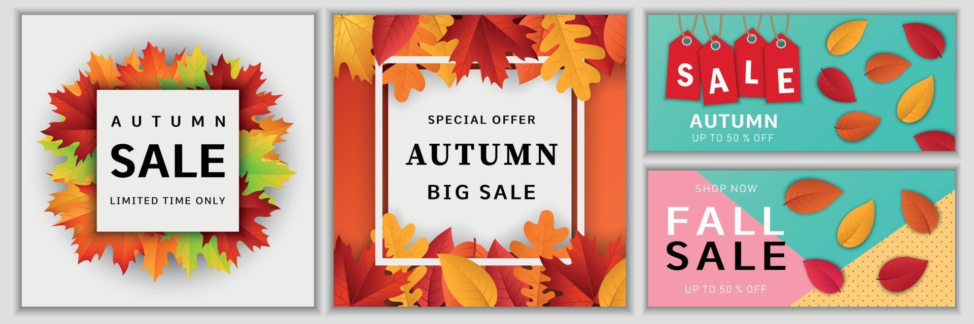 Autumn sale fall banner set, realistic style vector