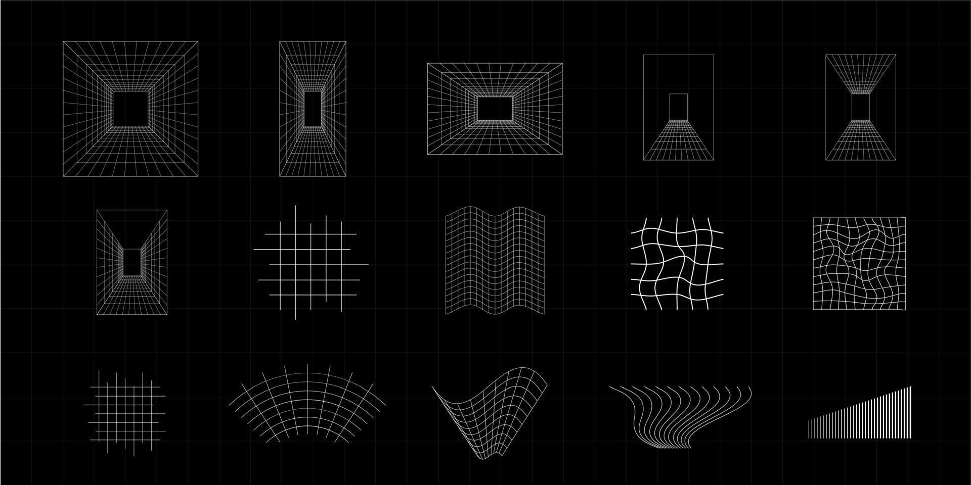 Set of retro futuristic design elements. Liquid distorted grid, gravity visualization, wavy lines in cyberpunk 80s style. vector