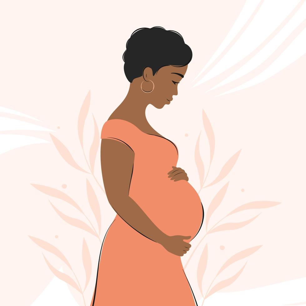 Pregnant african woman, future mom hugging belly with arms. Vector illustration.