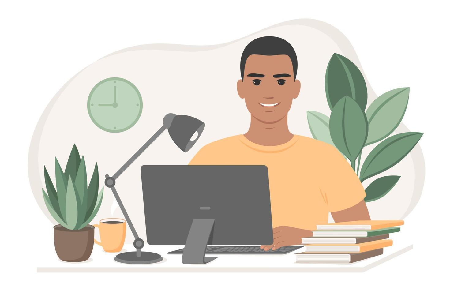 Student with dark skin and hair learns using online courses, freelancer working from home. Freelance,  studying or online education, homeschooling concept. Vector flat style illustration.